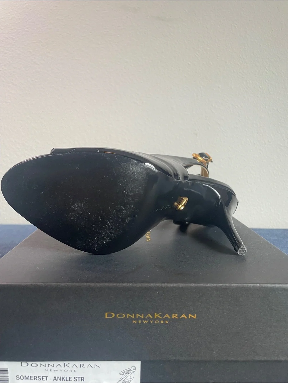 Donna Karan - Somerset - Black Patent Peep-Toe Ankle-Strap Heels with Gold Trim